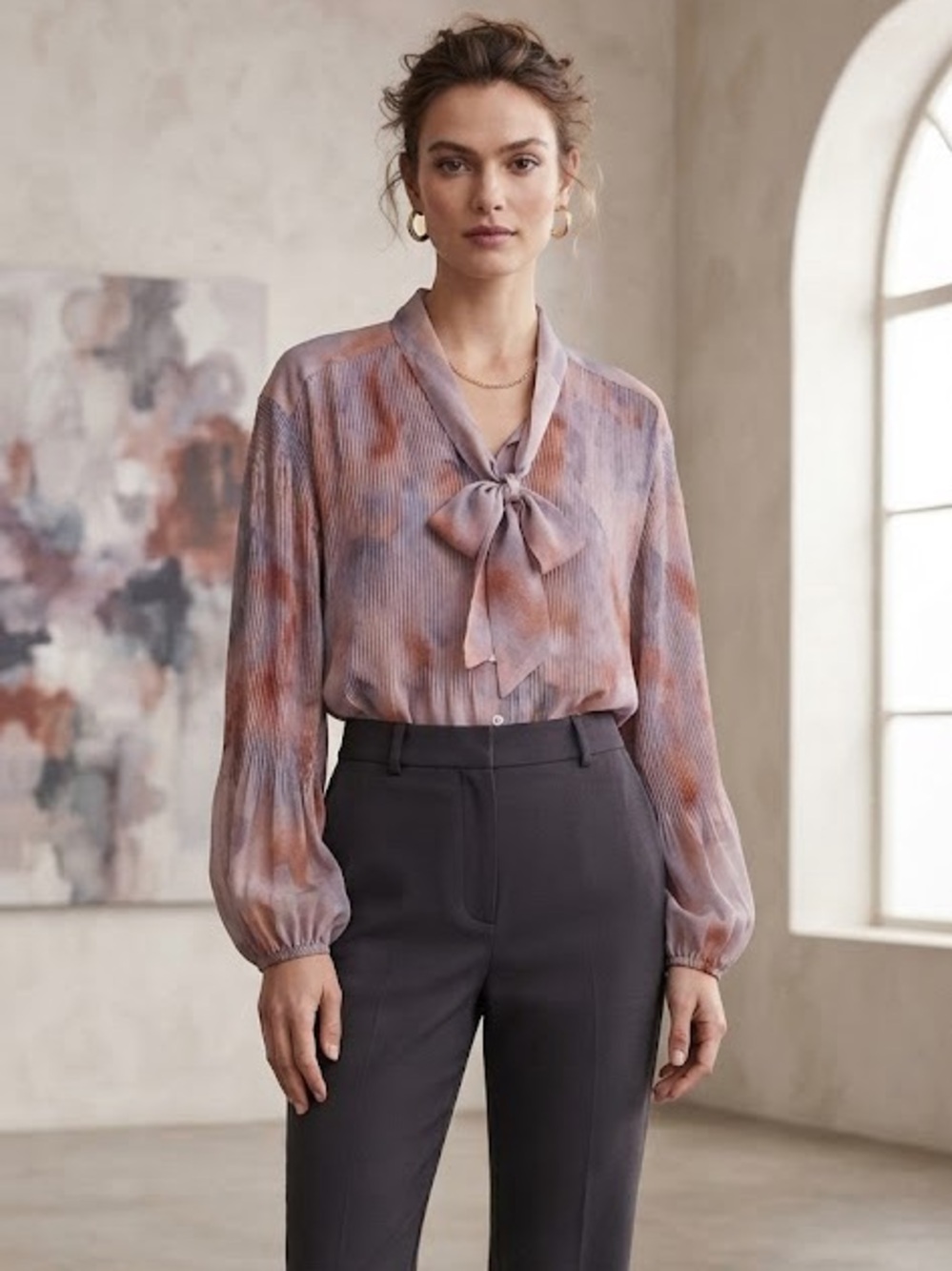 Wilfred Silk Tie-Neck Pleated Blouse in Mauve and Rust